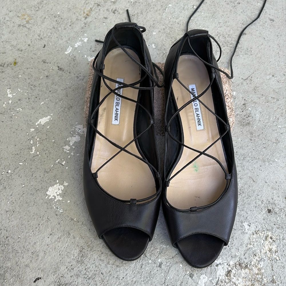 Manolo Blahnik Black Lace-Up Flats